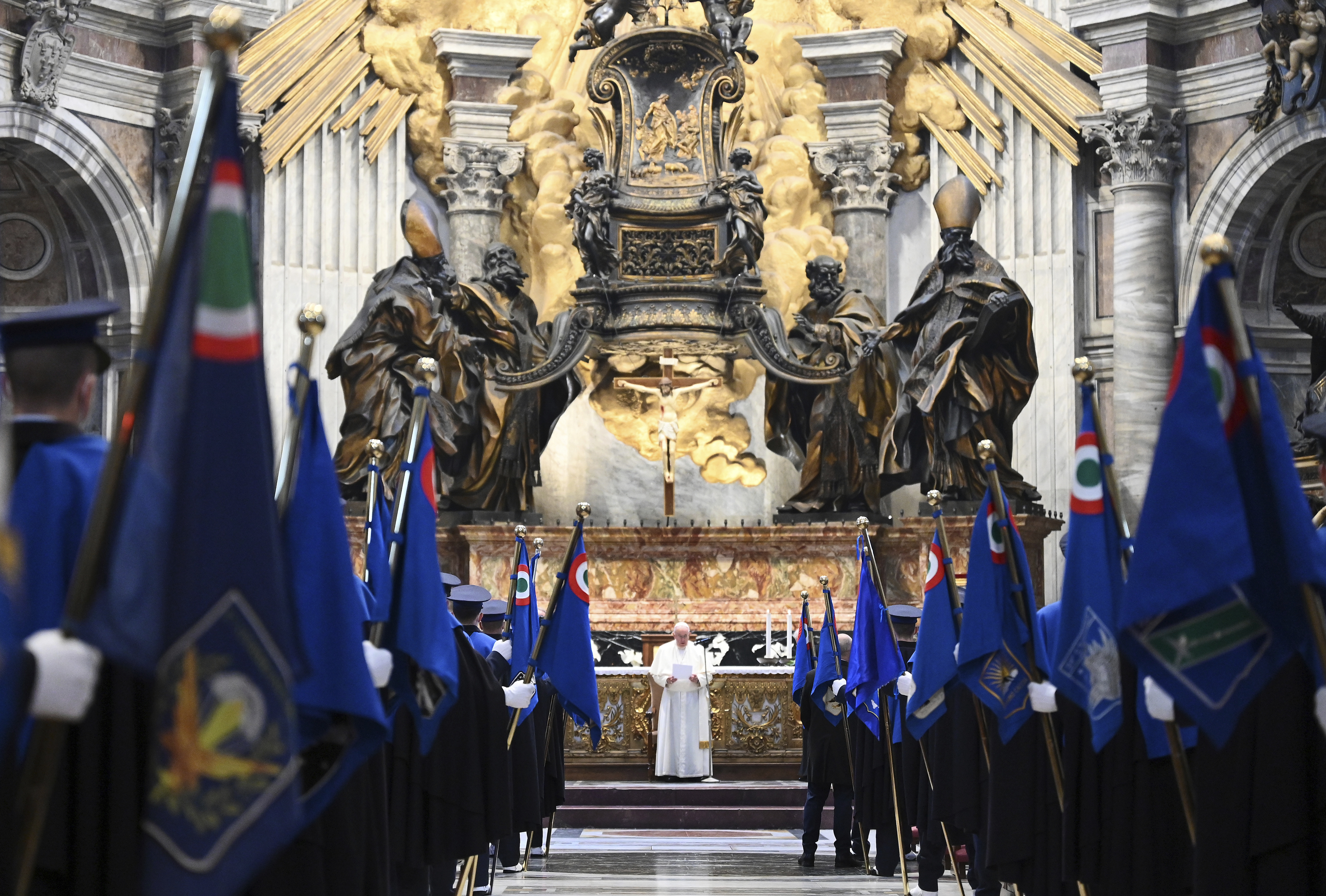 Pope Francis delivers his speech during an audience with members of the Italian Air Force, in St. Peter's Basilica at the Vatican, Friday, Dec. 10, 2021. (Vincenzo Pinto/Pool photo via AP)