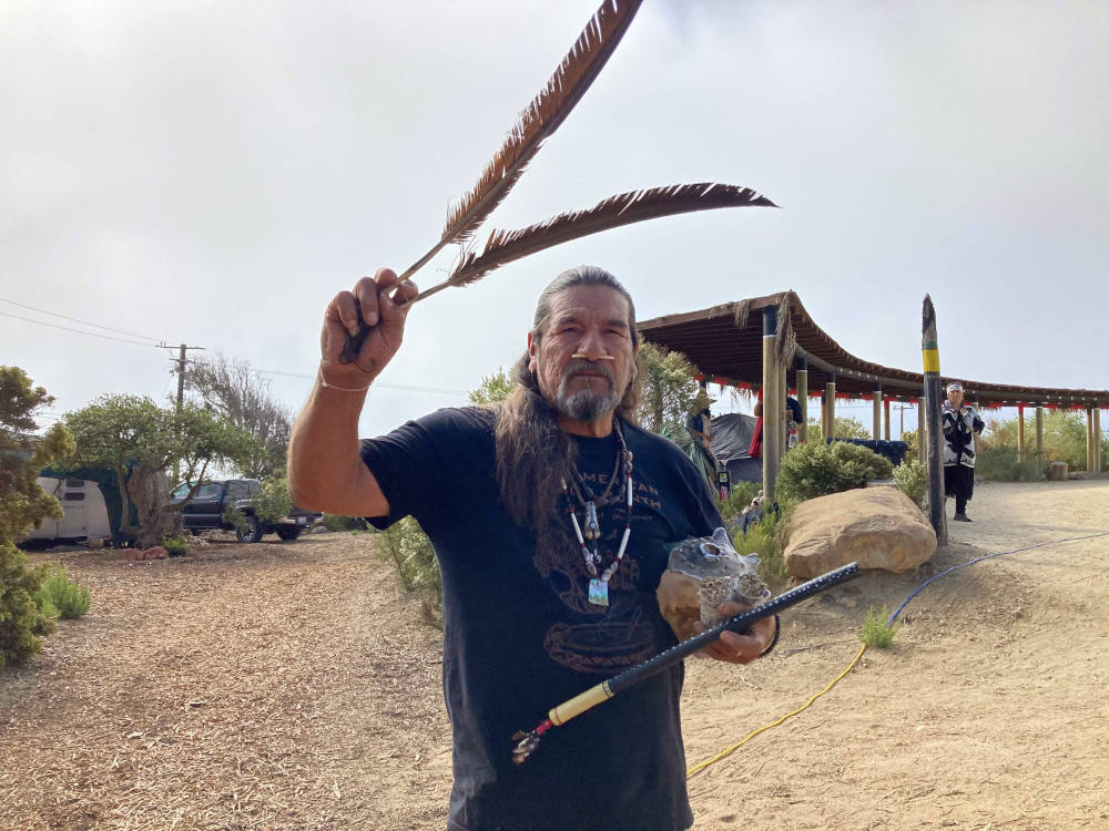 Mati Waiya, founder and executive director of the Wishtoyo Chumash Foundation, led a ceremonial circle on Sunday, Oct. 17, 2021, in Malibu, California. (RNS photo/Alejandra Molina)