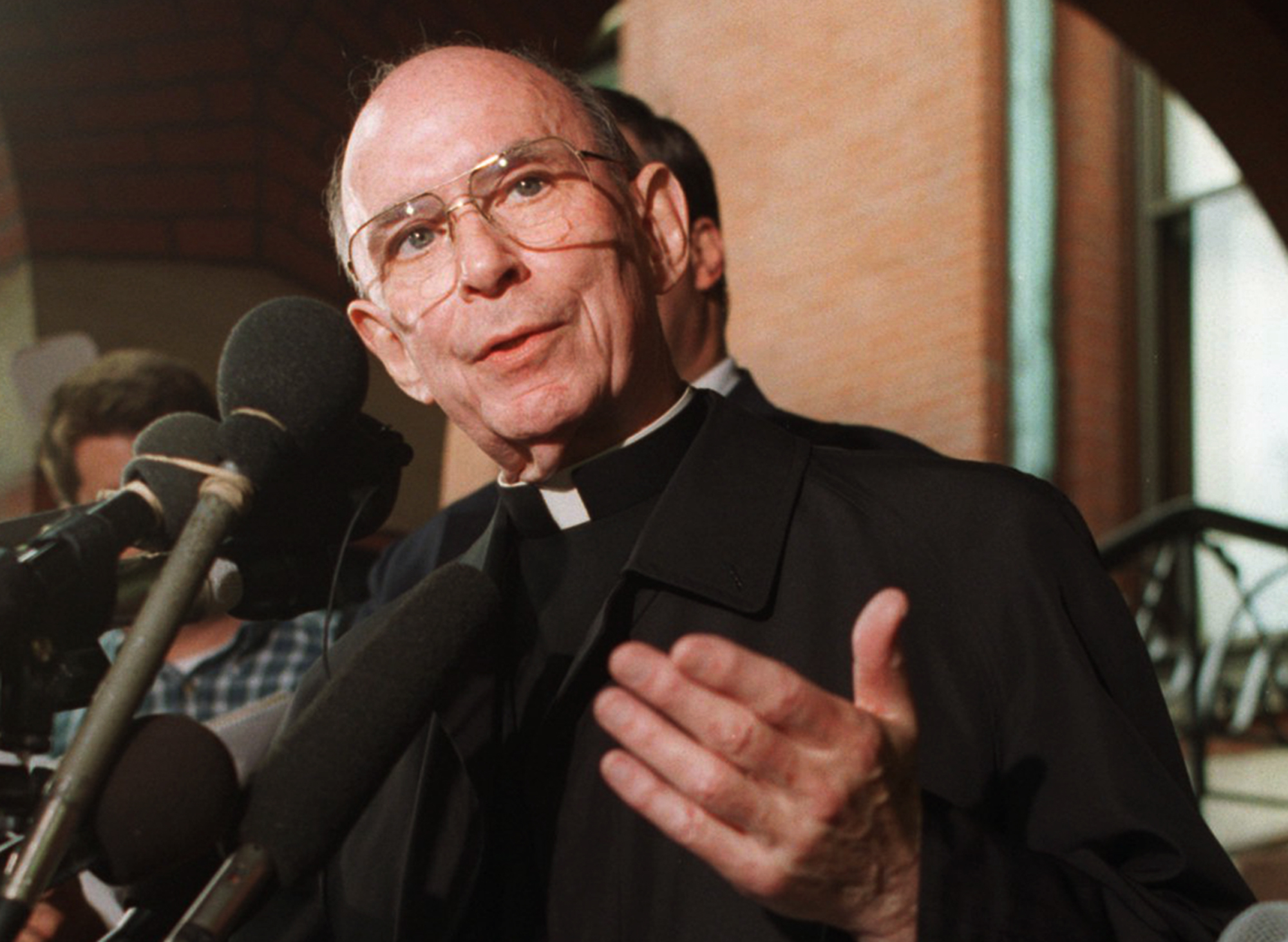 In this Sept. 23, 1996 file photo, Cardinal Joseph Bernardin speaks with reporters on the steps of his Chicago residence just before his departure for Rome to meet with Pope John Paul II. (AP Photo/Peter Barreras, File) In this Sept. 23, 1996 file photo, Cardinal Joseph Bernardin speaks with reporters on the steps of his Chicago residence just before his departure for Rome to meet with Pope John Paul II. (AP Photo/Peter Barreras, File)