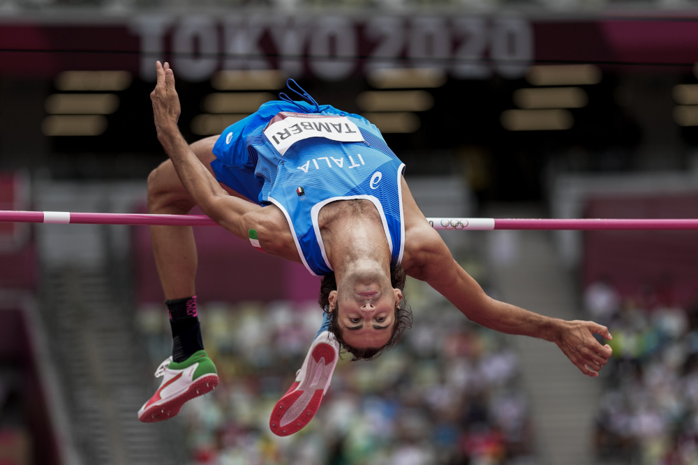 Gianmarco Tamberi, of Italy, competes July 30 in the preliminary round of the men's high jump at the 2020 Summer Olympics in Tokyo. (AP/David J. Phillip)
