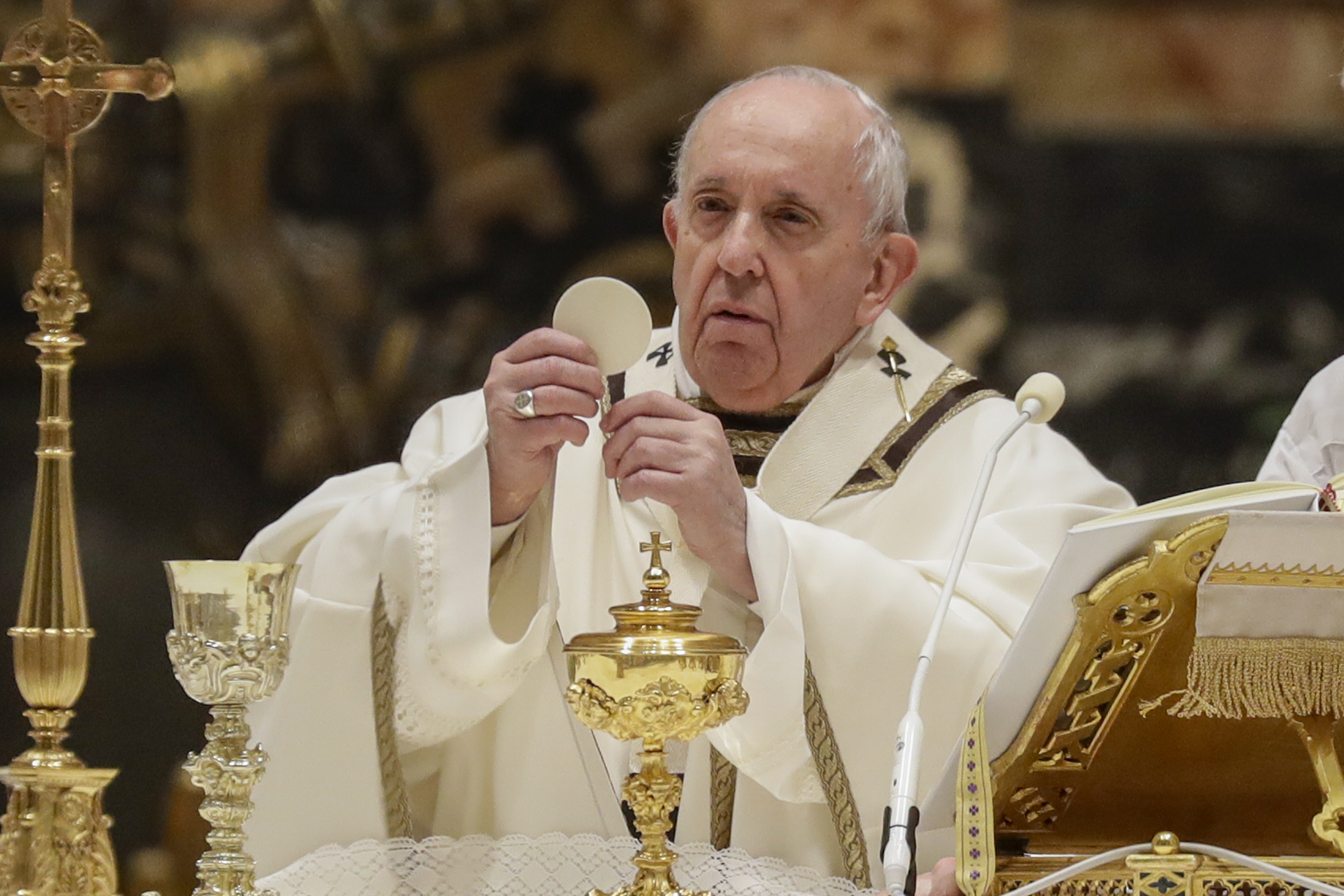 In this Feb. 2, 2021 file photo, Pope Francis celebrates a Mass with members of religious institutions in St. Peter's Basilica at the Vatican. (AP Photo/Andrew Medichini, pool) In this Feb. 2, 2021 file photo, Pope Francis celebrates a Mass with members of religious institutions in St. Peter's Basilica at the Vatican. (AP Photo/Andrew Medichini, pool)