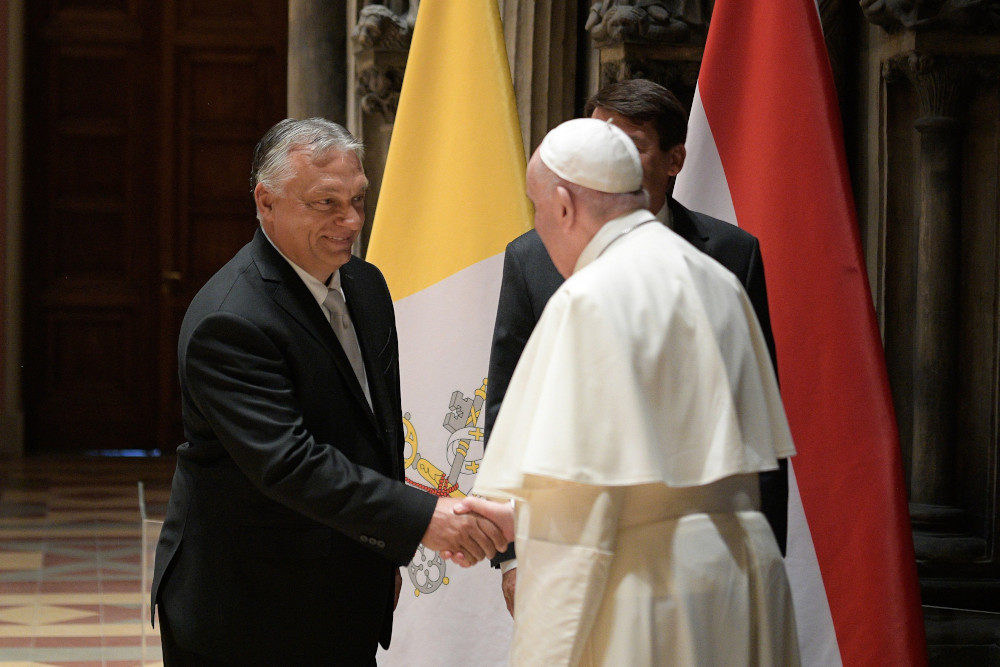 Pope Francis meets with Hungarian Prime Minister Viktor Orbán at the Museum of Fine Arts in Budapest. (RNS/Vatican Media)