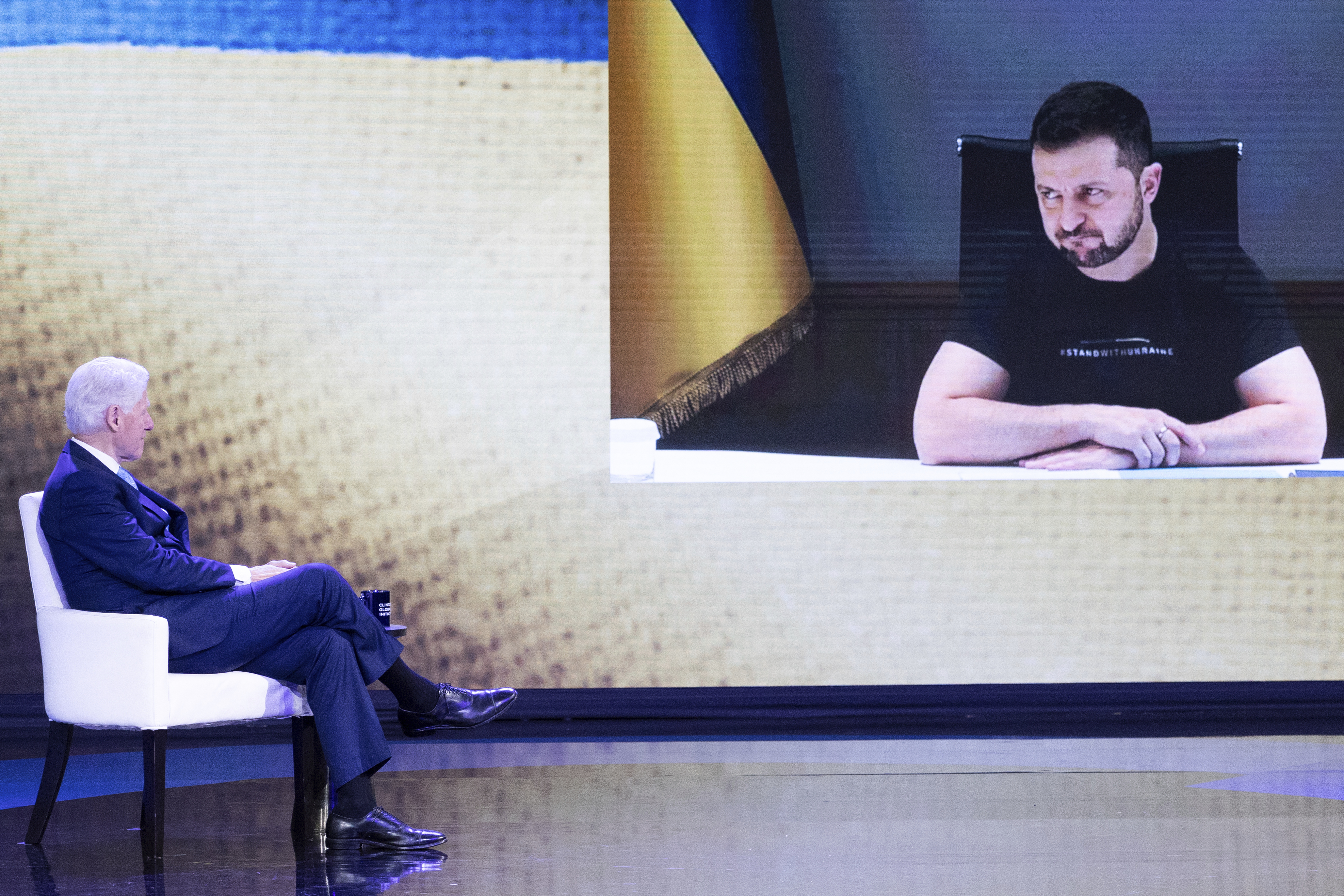 Former President Bill Clinton speaks to Ukrainian President Volodymyr Zelenskyy during the Clinton Global Initiative Sept. 20 in New York. (AP/Julia Nikhinson)