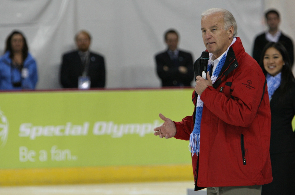 Vice President Joe Biden speaks to the audience at the Special Olympics pairs ice skating competition on Feb. 12, 2009, in Boise, Idaho. (AP Photo/Matt Cilley) Vice President Joe Biden speaks to the audience at the Special Olympics pairs ice skating competition on Feb. 12, 2009, in Boise, Idaho. (AP Photo/Matt Cilley)