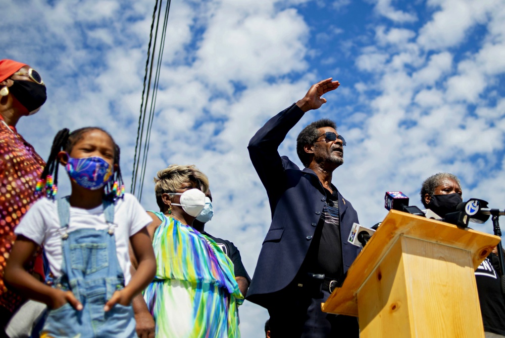 Flint City Councilman Eric Mays speaks during a press conference Aug. 21 outside of Christ Fellowship Missionary Baptist Church in Flint, Michigan. (AP/The Flint Journal/Jake May)