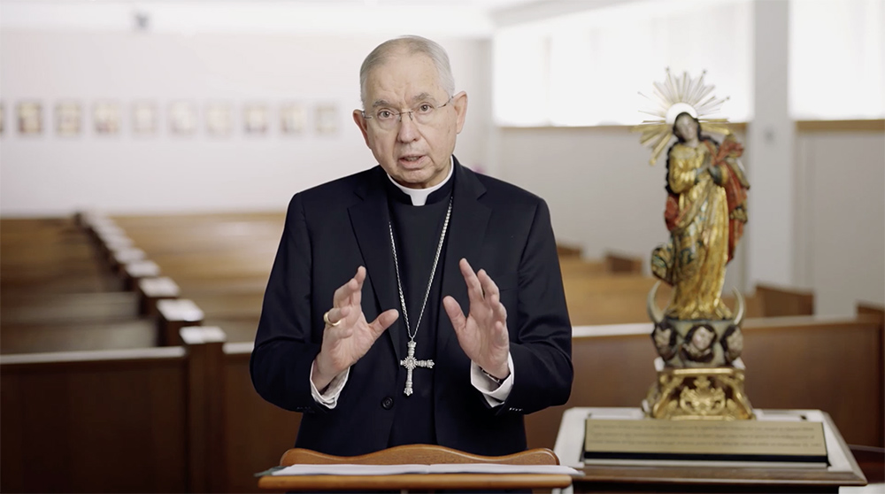 Los Angeles Archbishop José Gomez addresses the Congress of Catholics and Public Life in Madrid by video Nov. 4. (NCR screenshot/CCVP)