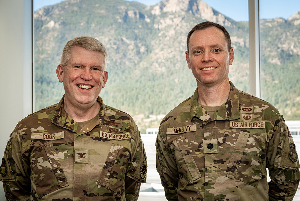 U.S. Air Force Col. James Cook, the head of the philosophy department at the U.S. Air Force Academy, and U.S. Air Force Lt. Col. Shawn McKelvy, who teaches on the law of armed conflict at the U.S. Air Force Academy (U.S. Air Force Academy)