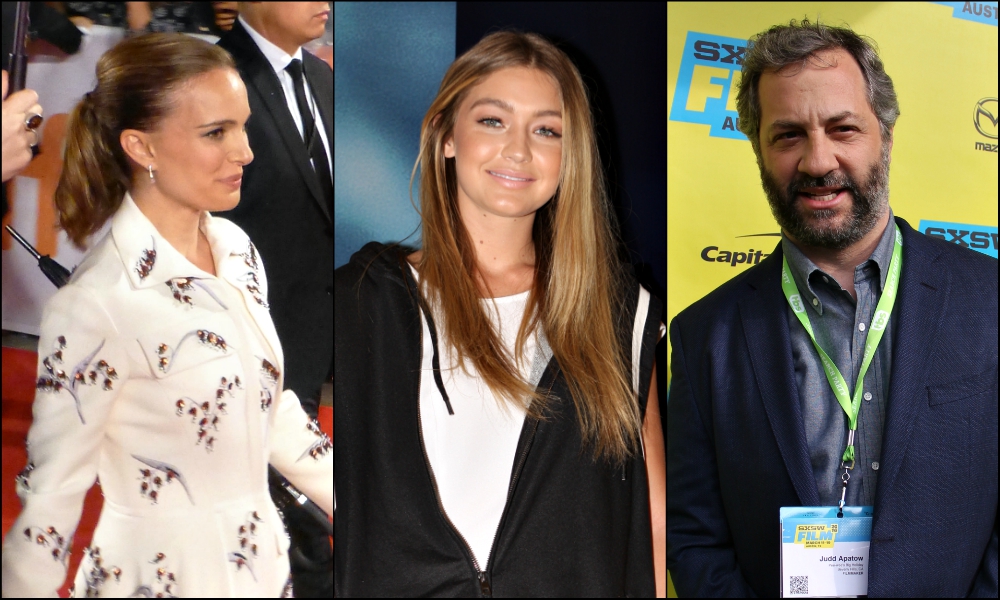 From left: Natalie Portman (Wikimedia Commons/GabboT); Gigi Hadid (Wikimedia Commons/Eva Rinaldi); Judd Apatow (Wikimedia Commons/Daniel Benavides) From left: Natalie Portman (Wikimedia Commons/GabboT); Gigi Hadid (Wikimedia Commons/Eva Rinaldi); Judd Apatow (Wikimedia Commons/Daniel Benavides)