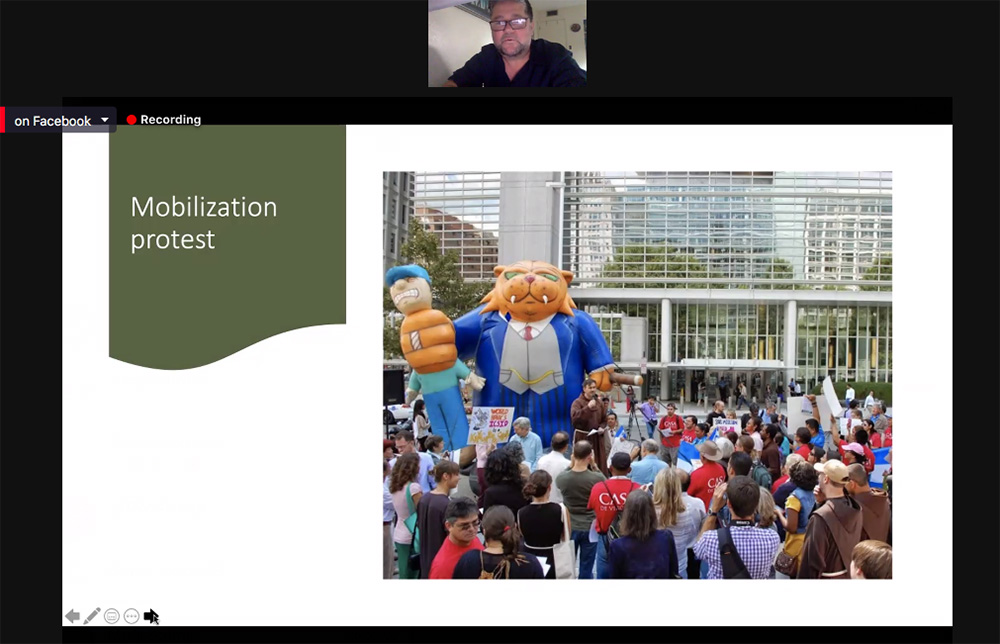 At a virtual book launch for "The Water Defenders" July 13, Manuel Pérez Rocha of the Institute for Policy Studies describes protests against the World Bank's investor-state arbitration tribunal in Washington, D.C. (EarthBeat screenshot)