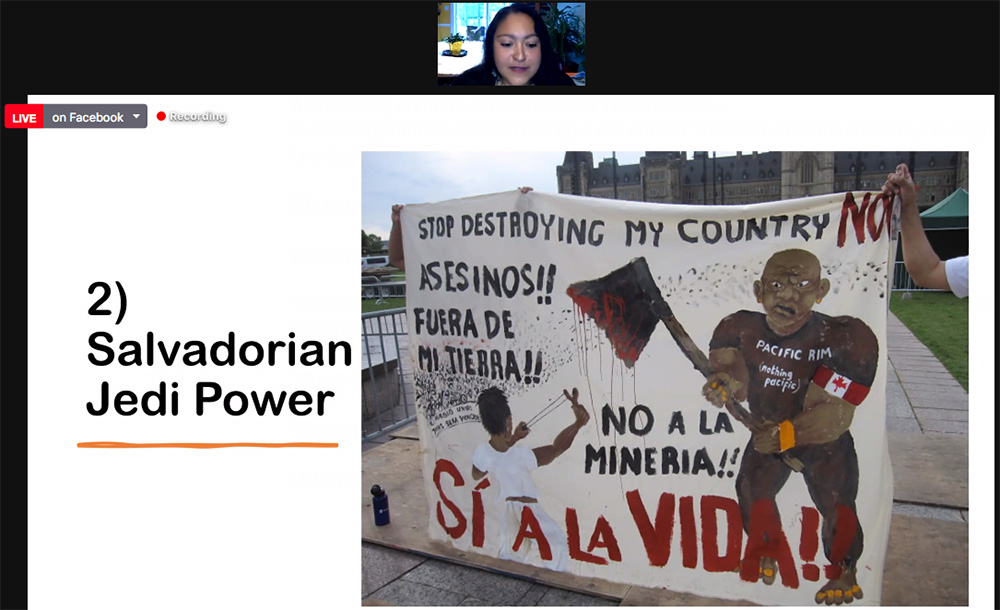 At a virtual book launch for "The Water Defenders" July 13, Laura Avalos, a Salvadoran woman living in Canada, describes protests there in support of water defenders. (EarthBeat screenshot)