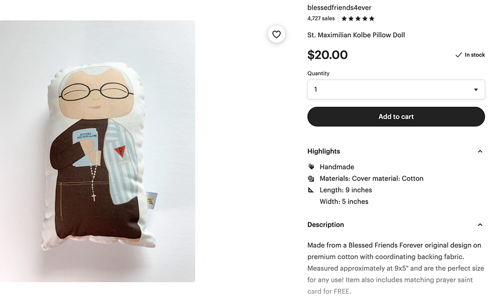 Blessed Friends Forever's pillow doll of St. Maximilian Kolbe for sale on the website Etsy (NCR screenshot)