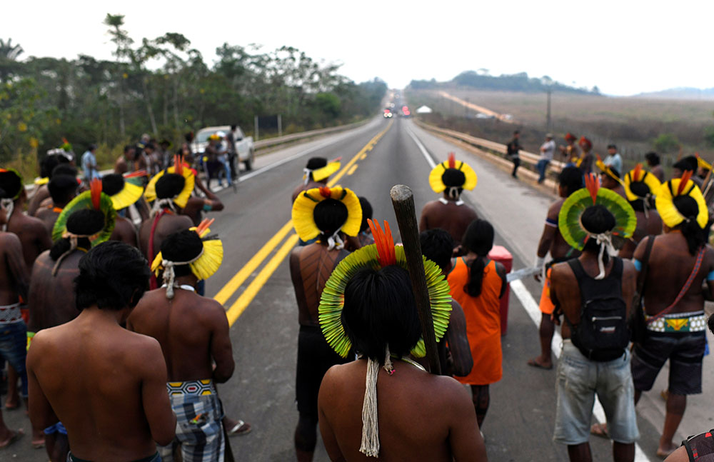 Kayapo indigenous people block a key Brazilian grain highway during a protest in Novo Brasil Aug. 18. (CNS/Reuters/Lucas Landau)