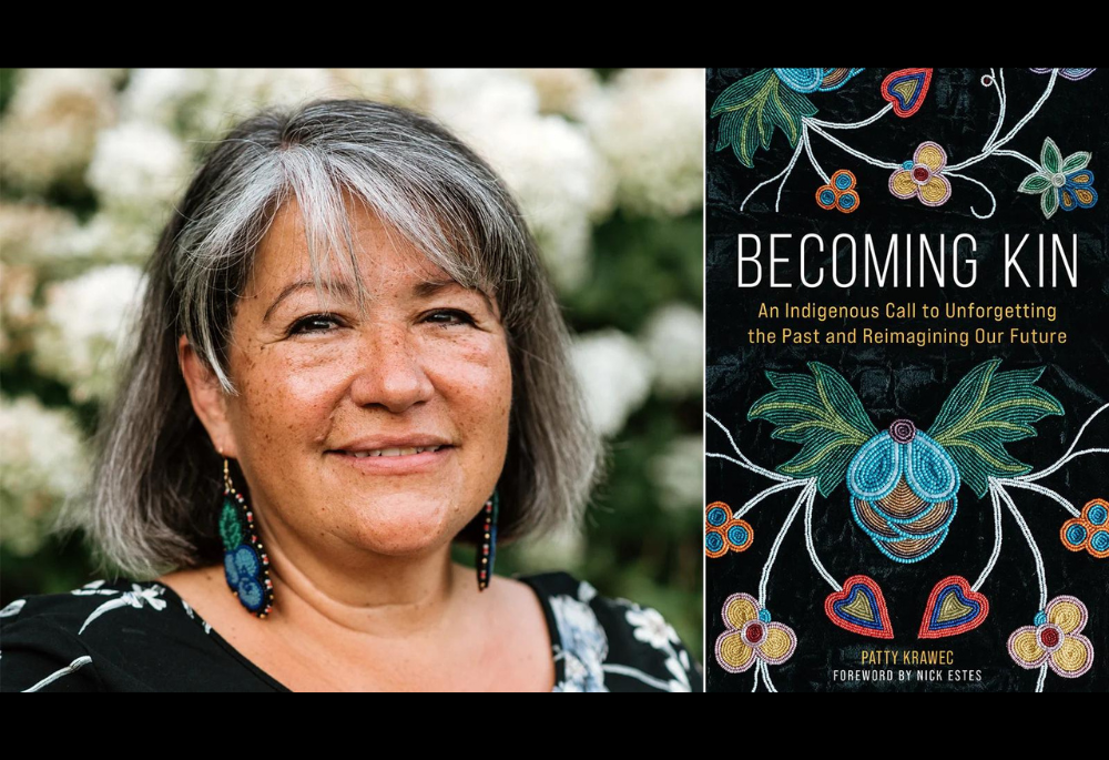 Author Patty Krawec and the cover of "Becoming Kin: An Indigenous Call to Unforgetting the Past and Reimagining Our Future." (RNS/Courtesy images)