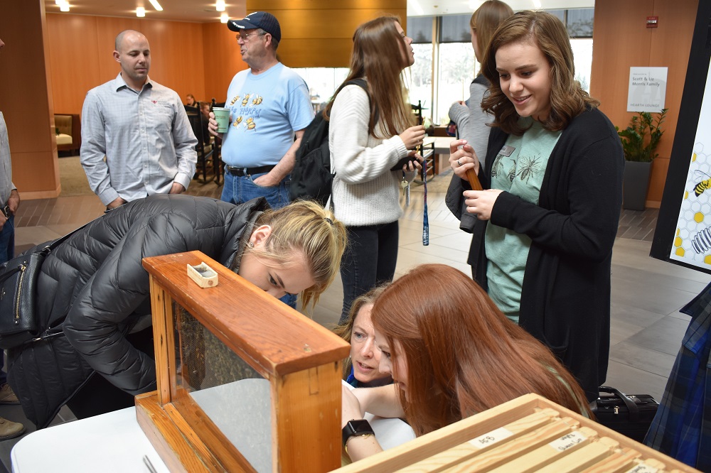 Students at Gonzaga University explore a bee box display at a Bee Informed event on Earth Day 2017 held at the campus' Hemmingson Center, home to two of the school's three apiaries. 