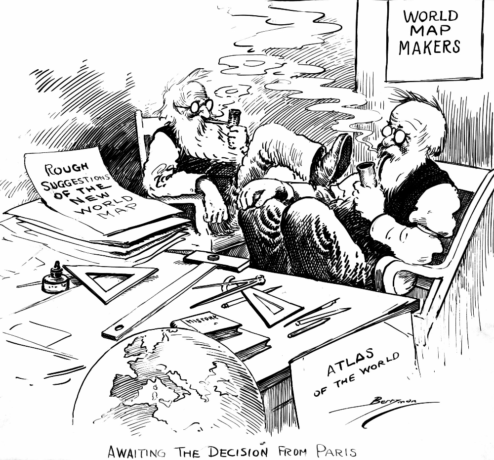 A January 1919 cartoon by U.S. cartoonist Clifford Berryman comments on the Great War's peace negotiations then ongoing in Paris. (U.S. National Archives/Berryman Political Cartoon Collection)