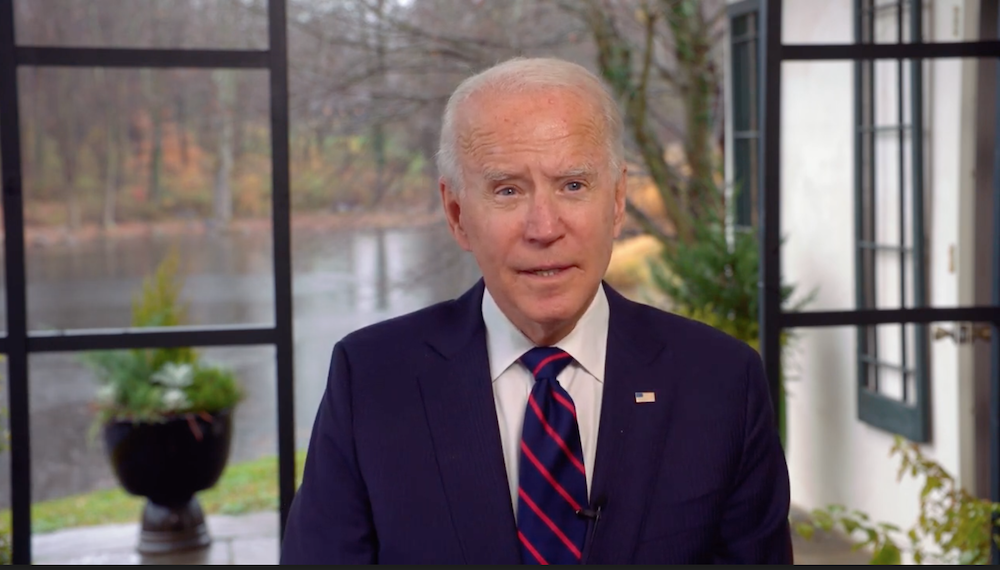 In a pre-recorded message, President-elect Joe Biden addresses virtual participants during the 40th anniversary celebration for Jesuit Refugee Service/USA on Nov. 12. (NCR screenshot)