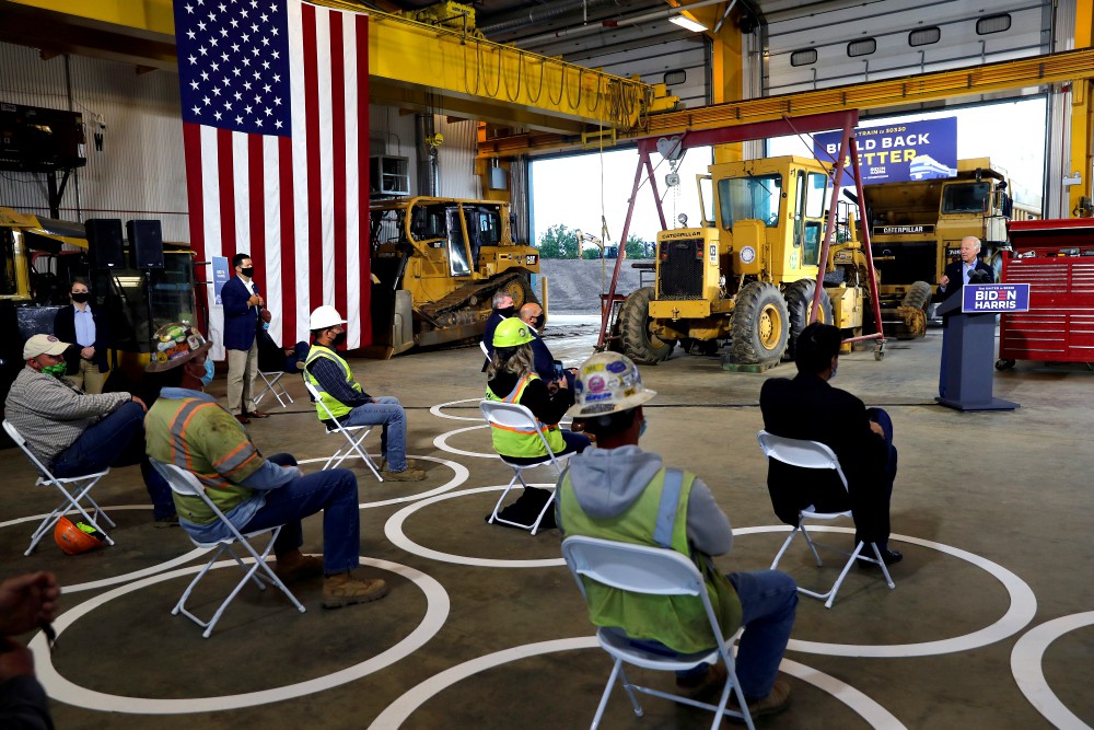Democratic presidential candidate Joe Biden speaks to union workers after touring an operating engineers training facility during a campaign stop in New Alexandria, Pennsylvania, Sept. 30. (CNS/Reuters/Mike Segar) Democratic presidential candidate Joe Biden speaks to union workers after touring an operating engineers training facility during a campaign stop in New Alexandria, Pennsylvania, Sept. 30. (CNS/Reuters/Mike Segar)