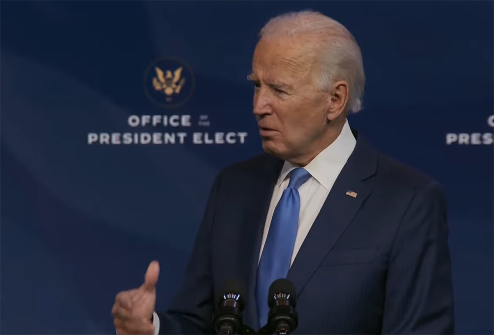 President-elect Joe Biden speaks during a Dec. 11 livestreamed event in Wilmington, Delaware, to announce members of his administration. (NCR screenshot/YouTube/Joe Biden) President-elect Joe Biden speaks during a Dec. 11 livestreamed event in Wilmington, Delaware, to announce members of his administration. (NCR screenshot/YouTube/Joe Biden)