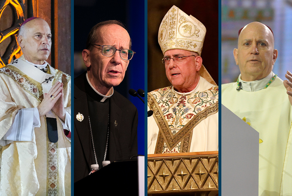 From left: Archbishop Salvatore Cordileone of San Francisco; Bishop Thomas Olmsted of Phoenix; Archbishop Joseph Naumann of Kansas City, Kansas; and Archbishop Samuel Aquila of Denver (CNS photos/Dennis Callahan, Archdiocese of San Francisco; Tyler Orsbur From left: Archbishop Salvatore Cordileone of San Francisco; Bishop Thomas Olmsted of Phoenix; Archbishop Joseph Naumann of Kansas City, Kansas; and Archbishop Samuel Aquila of Denver (CNS photos/Dennis Callahan, Archdiocese of San Francisco; Tyler Orsbur