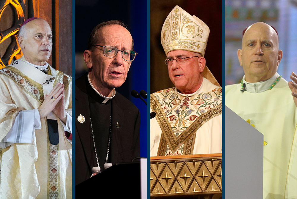 From left: Archbishop Salvatore Cordileone of San Francisco; Bishop Thomas Olmsted of Phoenix; Archbishop Joseph Naumann of Kansas City, Kansas; and Archbishop Samuel Aquila of Denver (CNS photos/Dennis Callahan, Archdiocese of San Francisco; Tyler Orsbur