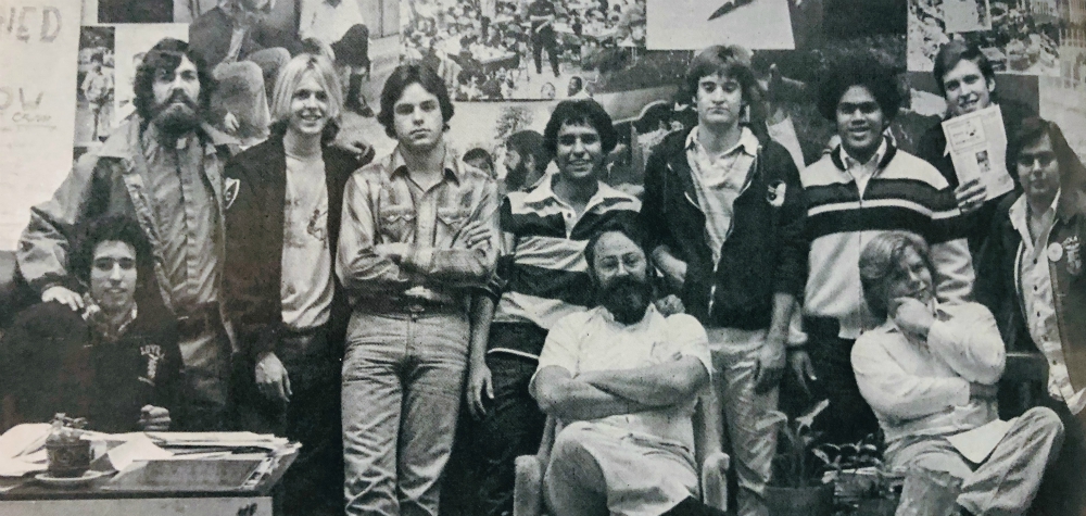 Jesuit Fr. James Rude, seated center, with CAM coordinators in a 1978 yearbook photo for the Christian Action Movement at Loyola High School. Standing second from right is the author, Patrick Whelan. (Loyola High School yearbook staff)