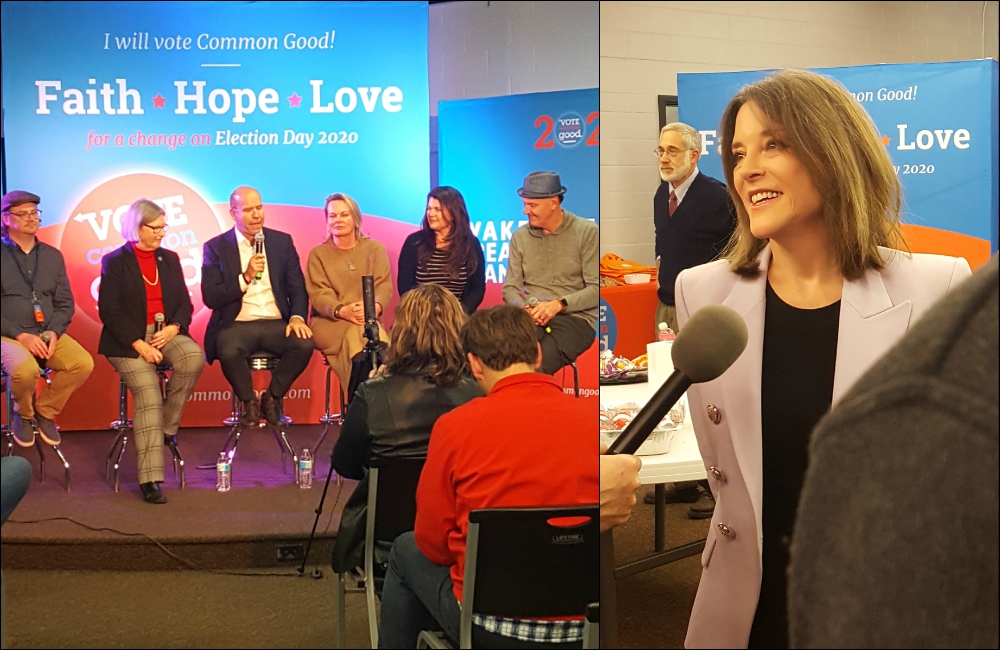 Left: Presidential hopeful John Delaney shares how his Catholic faith inspires his political involvement at the Vote Common Good event. Right: Marianne Williamson talks to fans and press after her appearance Jan. 9. (NCR photos/Heidi Schlumpf)