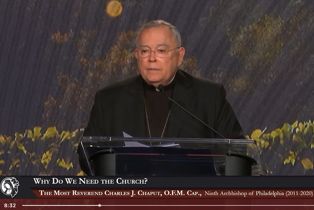 Charles Chaput screenshot 2021 Retired Archbishop Charles Chaput of Philadelphia speaks during the Napa Institute's 2021 summer conference. (NCR screenshot)
