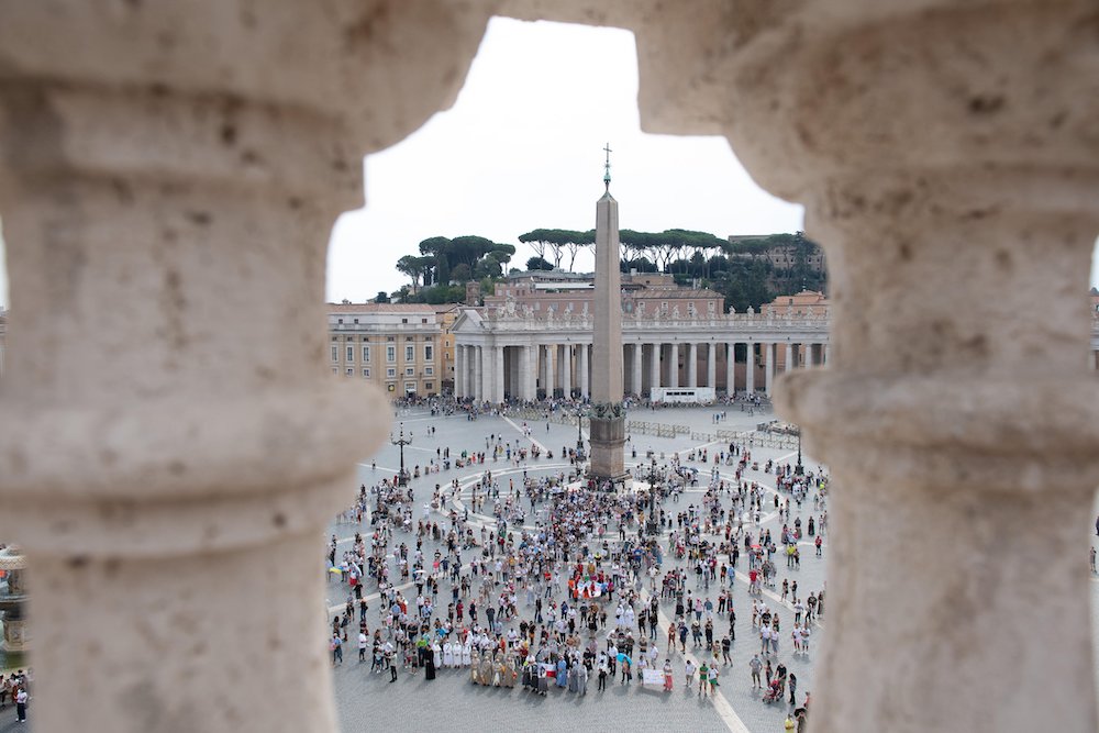 Pilgrims and visitors gather in St. Peter's Square at the Vatican to pray the Angelus with Pope Francis Sept. 20. (CNS/Vatican Media) Pilgrims and visitors gather in St. Peter's Square at the Vatican to pray the Angelus with Pope Francis Sept. 20. (CNS/Vatican Media)