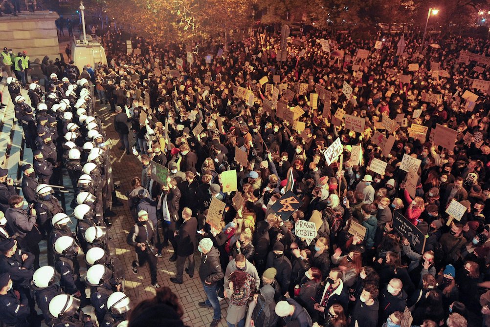 Demonstrators protest Oct. 25, in front of the Cathedral of Christ the King in Katowice, Poland, against the ruling by Poland's Constitutional Tribunal that imposes a near-total ban on abortion. (CNS/Agencja Gazeta via Reuters/Anna Lewanska) Demonstrators protest Oct. 25, in front of the Cathedral of Christ the King in Katowice, Poland, against the ruling by Poland's Constitutional Tribunal that imposes a near-total ban on abortion. (CNS/Agencja Gazeta via Reuters/Anna Lewanska)