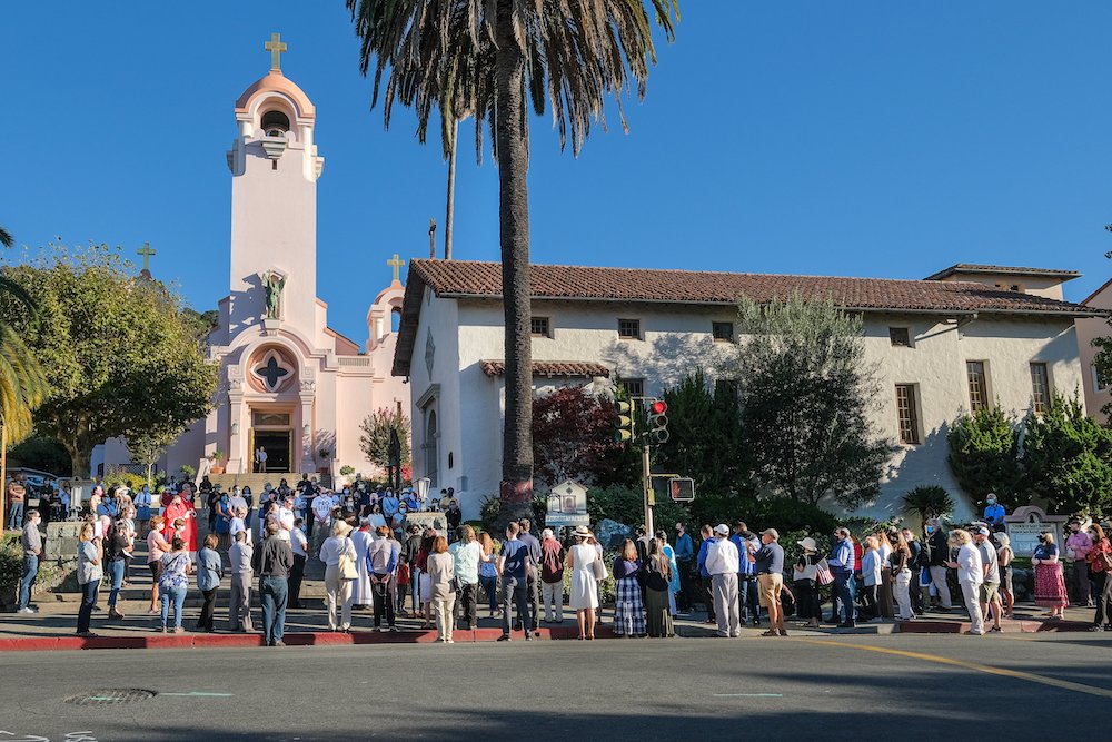 People in San Rafael, California, attend an exorcism Oct. 17, at Mission San Rafael conducted by San Francisco Archbishop Salvatore Cordileone. Vandals tore down a St. Junípero Serra statue there Oct. 12. (CNS/Archdiocese of San Francisco/Dennis Callahan)