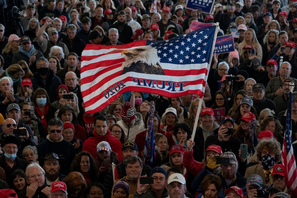 President Donald Trump supporters in Alpharetta, Georgia, attend a Dec. 2 news conference about election results. (CNS/Reuters/Elijah Nouvelage)