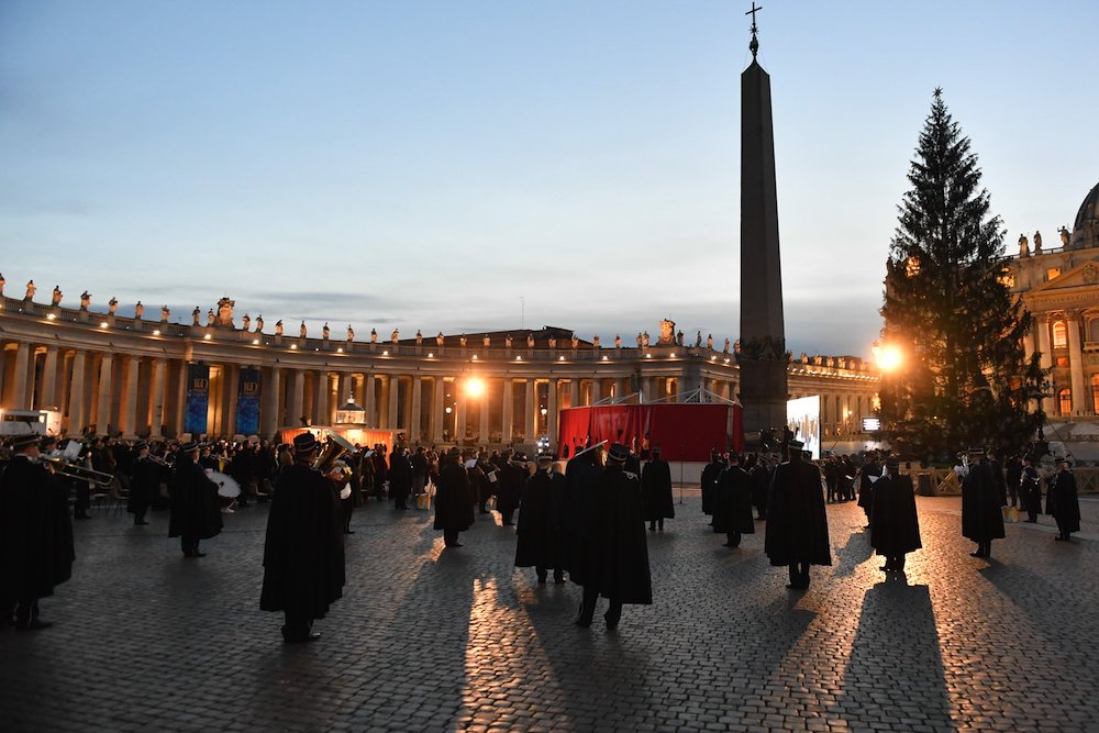 The Vatican band plays during a ceremony to unveil the Nativity scene and light the Christmas tree in St. Peter's Square at the Vatican Dec. 11. (CNS/Vatican Media)