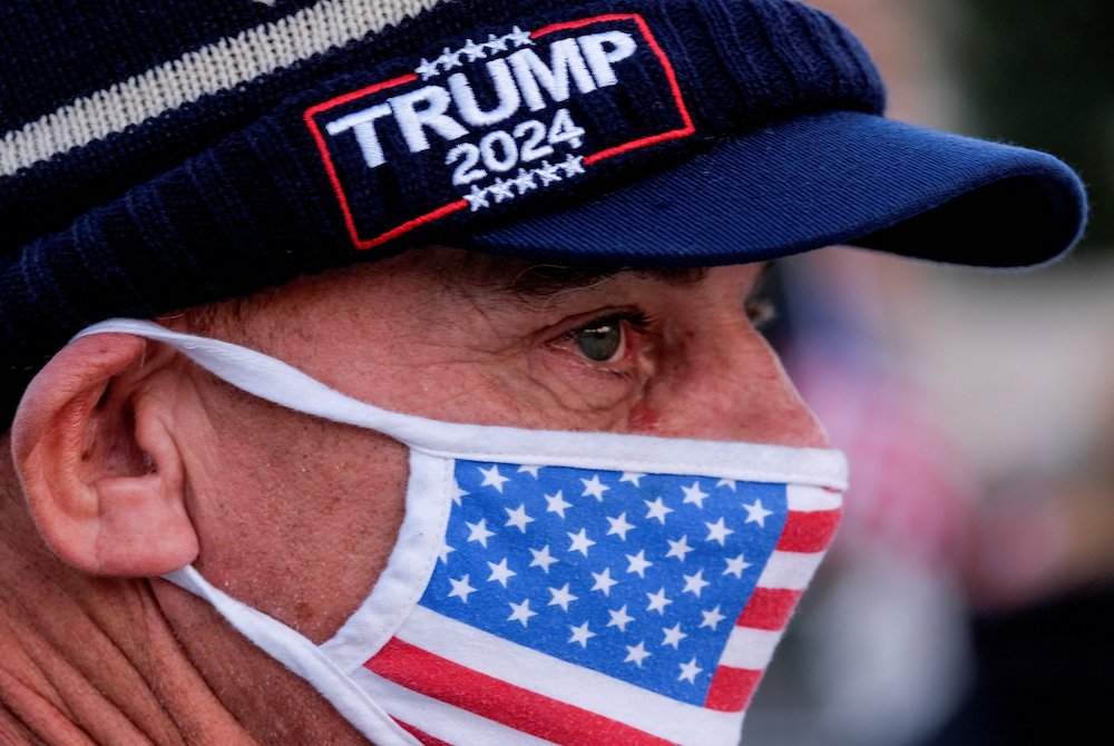 A supporter of President Donald Trump takes part in a rally at Beverly Hills Gardens Park in Beverly Hills, California, Jan. 9, 2021. (CNS/Reuters/Ringo Chiu)