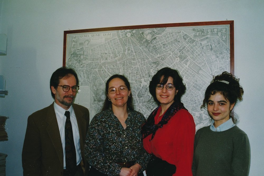 From left, staff members of the CNS Rome bureau in 1997: John Thavis, bureau chief, Cindy Wooden, Lynne Weil and Victoria Wallace (CNS)