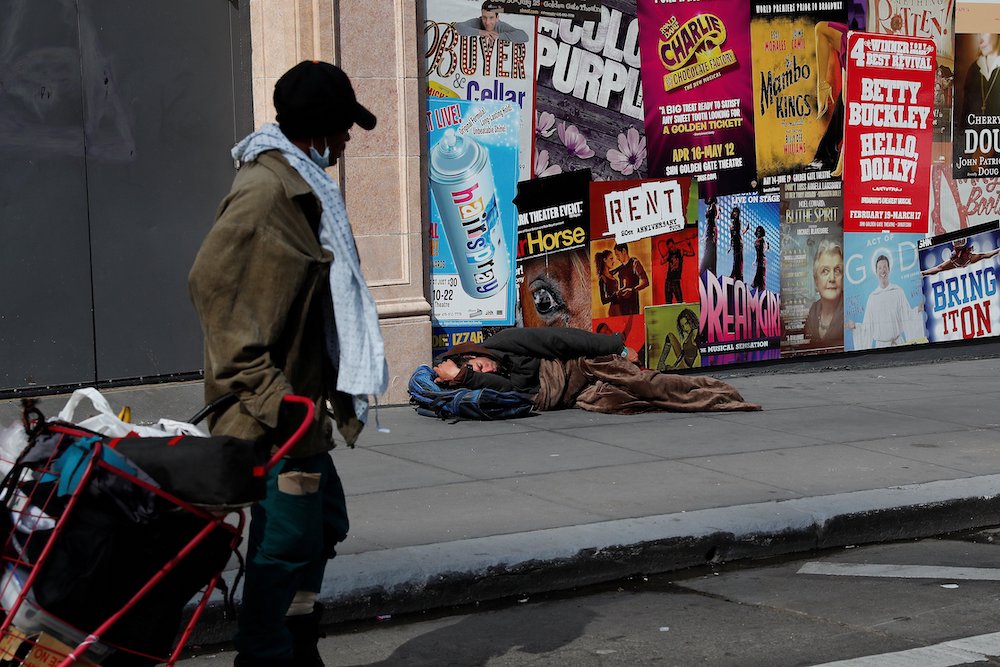 People experiencing homelessness in San Francisco, March 27, 2020, amid the coronavirus pandemic (CNS/Reuters/Shannon Stapleton)