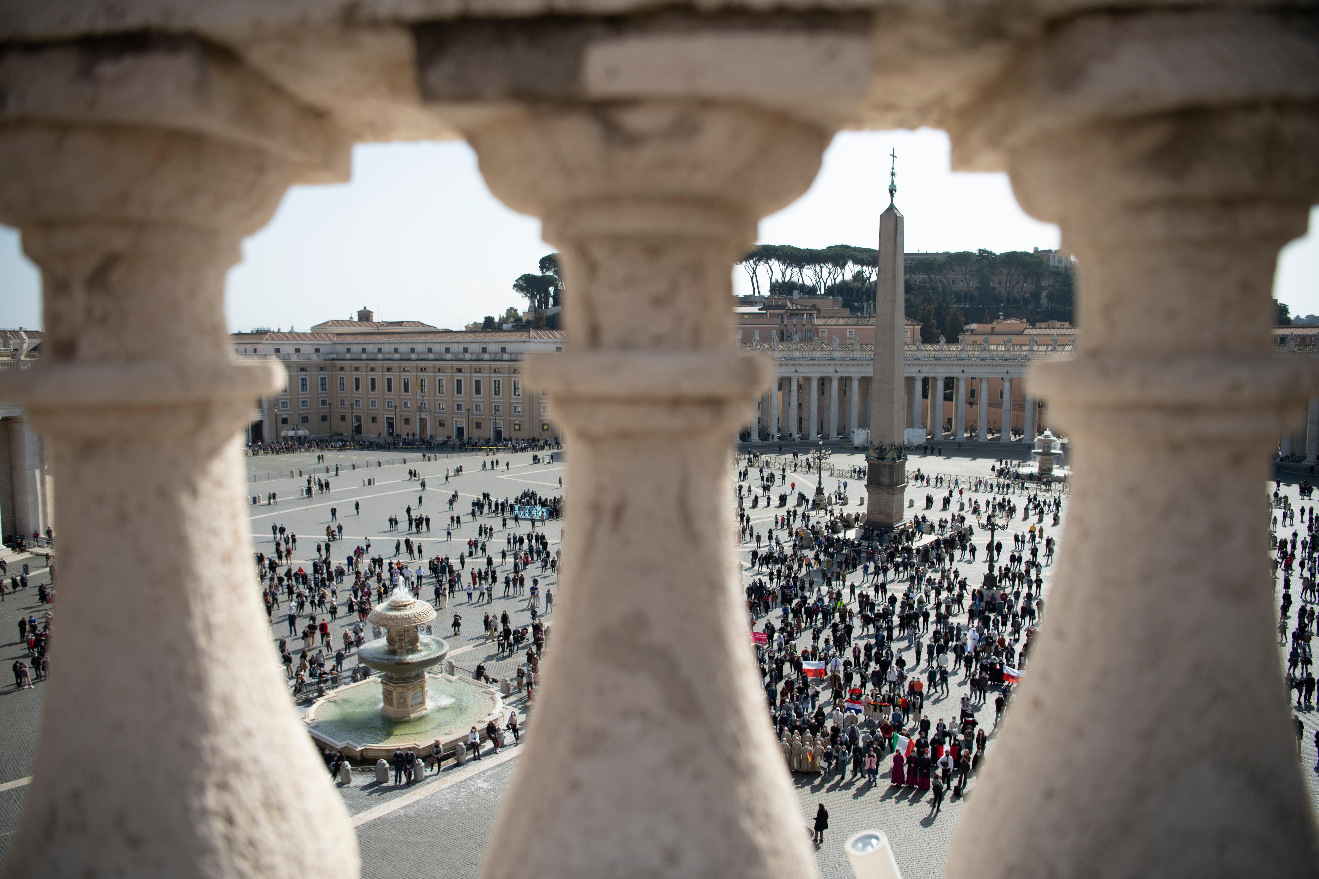 People attending the Angelus led by Pope Francis are seen from the window of his studio overlooking St. Peter's Square at the Vatican Feb. 28, 2021. (CNS/Vatican Media) People attending the Angelus led by Pope Francis are seen from the window of his studio overlooking St. Peter's Square at the Vatican Feb. 28, 2021. (CNS/Vatican Media)