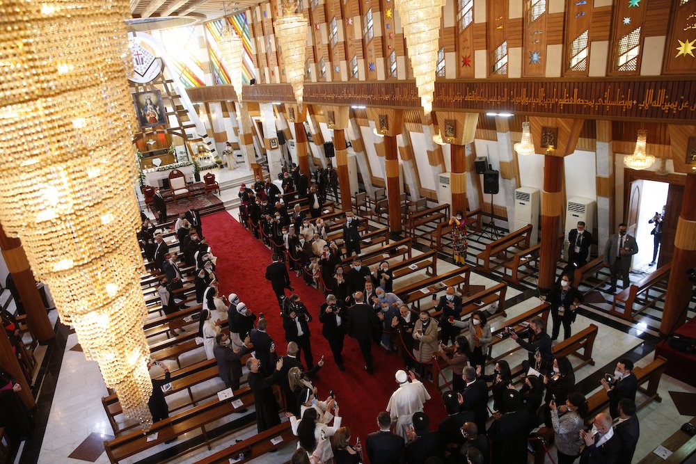 Pope Francis arrives for a meeting with bishops, priests, religious men and women, seminarians and catechists in the Syriac Catholic Cathedral of Our Lady of Deliverance in Baghdad March 5, 2021. (CNS/Paul Haring)