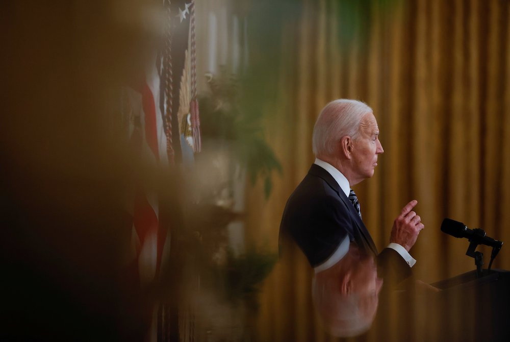 President Joe Biden delivers his first prime-time address from the White House in Washington March 11, 2021, marking a year since the World Health Organization declared the coronavirus a pandemic. (CNS/Reuters/Tom Brenner) President Joe Biden seen in profile during address to nation March 11, 2021
