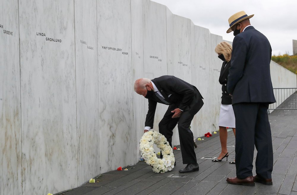 Democratic presidential nominee Joe Biden and his wife Jill Biden lay a wreath during a visit to the Flight 93 National Memorial wall near Shanksville, Pennsylvania, Sept. 11. The day marked the 19th anniversary of the 9/11 aviation terrorist attacks on t