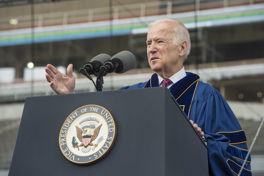 Joe Biden as U.S. vice president delivers an address after receiving the Laetare Medal during the University of Notre Dame's commencement ceremony May 15, 2016, at Notre Dame Stadium in Indiana. (CNS/University of Notre Dame/Barbara Johnston)