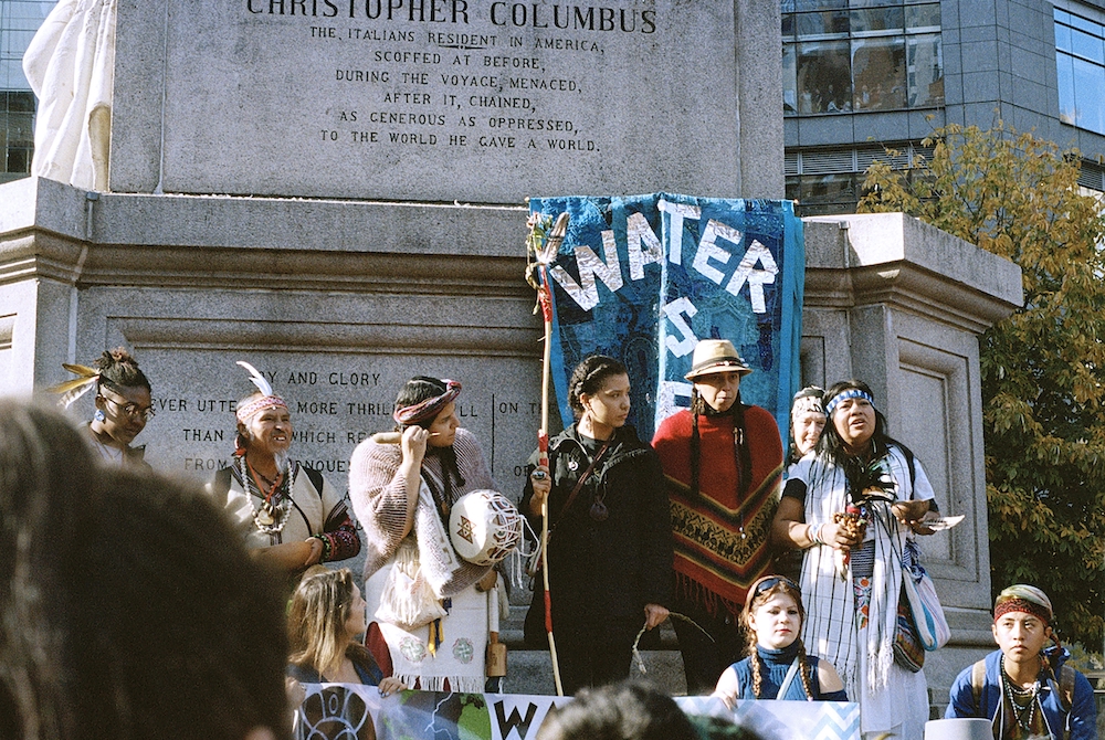 Native Americans lead a prayer for clean and safe air, water and land as well as the protection of their people Nov. 5, 2016, at Columbus Circle in NYC during a protest against the construction of the Dakota Access Pipeline. (CNS/Isabelle Baldwin)