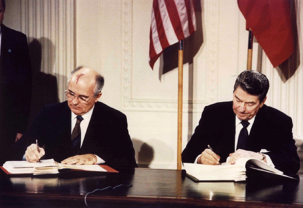 Soviet President Mikhail Gorbachev and U.S. President Ronald Reagan sign the Intermediate-Range Nuclear Forces treaty at the White House in Washington Dec. 8 1987. On Feb. 2, 2019, the U.S. announced its withdrawal from the INF treaty, followed by Russia 