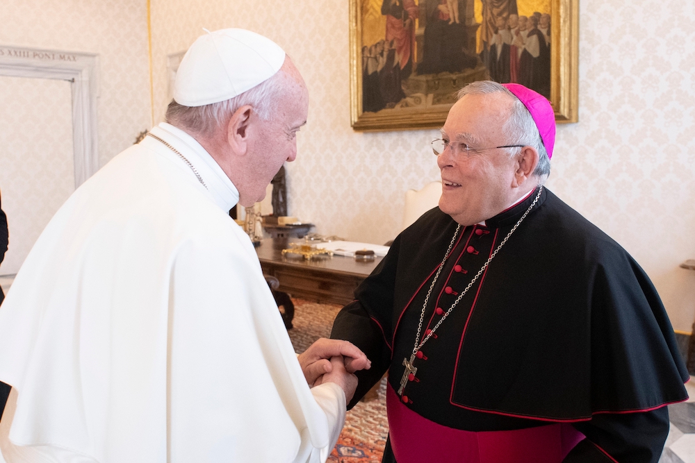 Pope Francis greets Archbishop Charles Chaput of Philadelphia during a meeting with U.S. bishops from New Jersey and Pennsylvania in the Apostolic Palace at the Vatican Nov. 28, 2019. (CNS/Vatican Media)