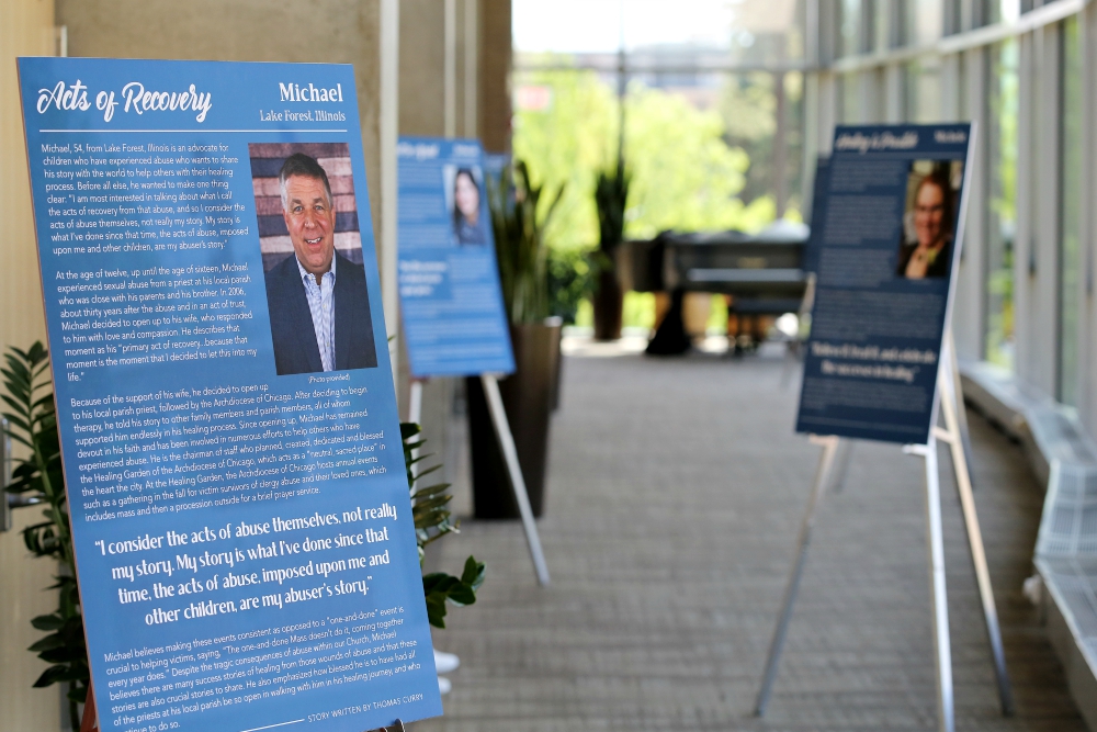 A panel in an exhibit at the Catholic University of America in Washington April 24 tells an abuse survivor's story. (CNS/Bob Roller) A panel in an exhibit at the Catholic University of America in Washington April 24 tells an abuse survivor's story. (CNS/Bob Roller)