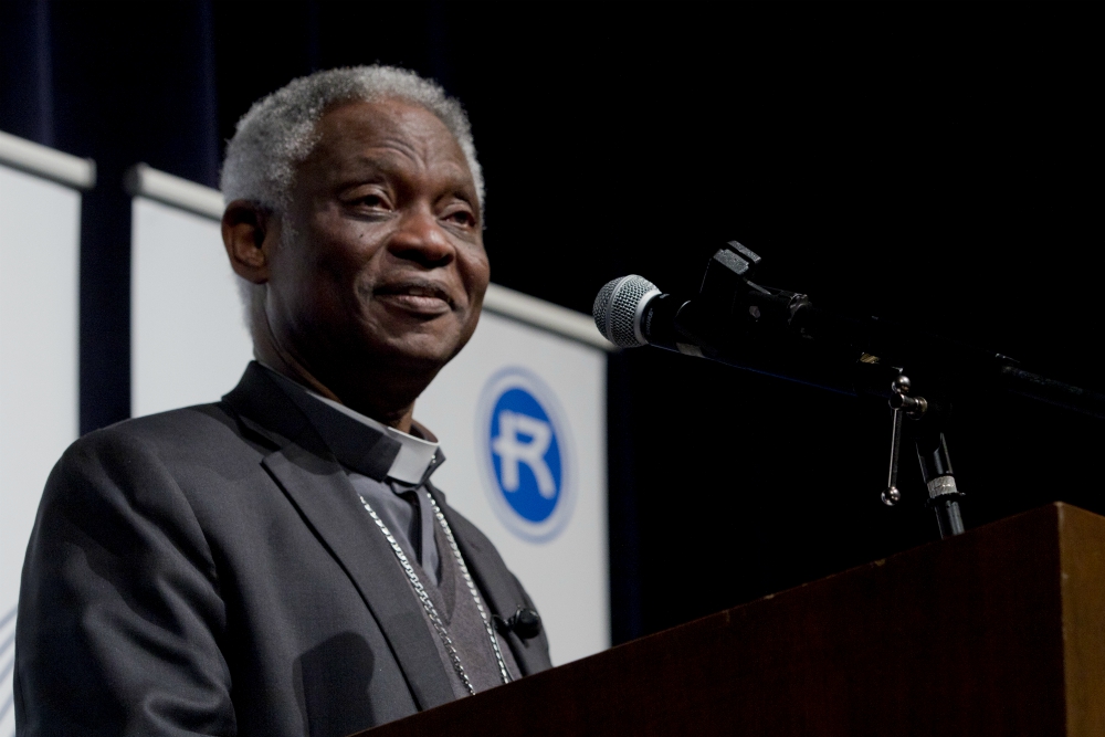 Cardinal Peter Turkson discusses the plight of refugees in a speech in Arrupe Hall at Rockhurst University in Kansas City, Missouri, on Jan. 17. (Courtesy of Rockhurst University)