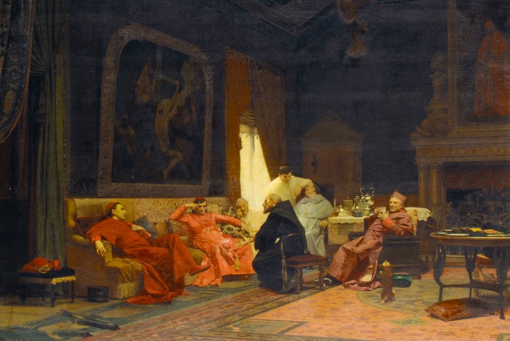Detail of painting "The Missionary's Adventures" by Jean-Georges Vibert. circa 1883 (Metropolitan Museum of Art) Detail of painting "The Missionary's Adventures" by Jean-Georges Vibert. circa 1883 (Metropolitan Museum of Art)