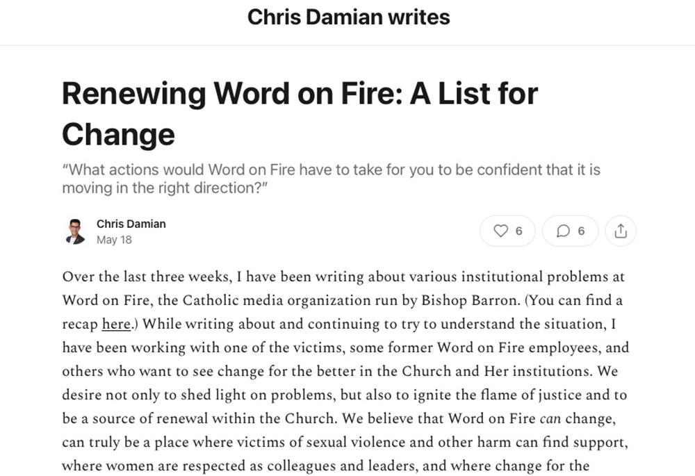 A screenshot of a May 18 blog post by Chris Damian titled “Renewing Word on Fire: A List for Change” (NCR screenshot)