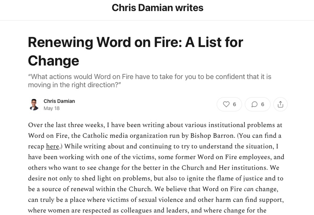 A screenshot of a May 18 blog post by Chris Damian titled “Renewing Word on Fire: A List for Change” (NCR screenshot) A screenshot of a May 18 blog post by Chris Damian titled “Renewing Word on Fire: A List for Change” (NCR screenshot)