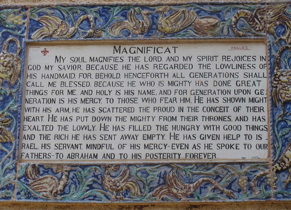 A plaque of the Magnificat in English is seen at the Church of the Visitation in Ein Karem, Jerusalem. (Wikimedia Commons/Deror avi)
