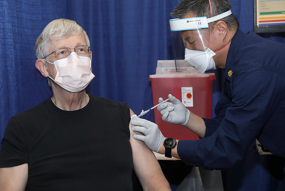 Dr. Francis Collins, director of the U.S. National Institutes of Health, receives his second dose of the COVID-19 vaccine at the NIH Clinical Center. (Courtesy of National Institutes of Health)